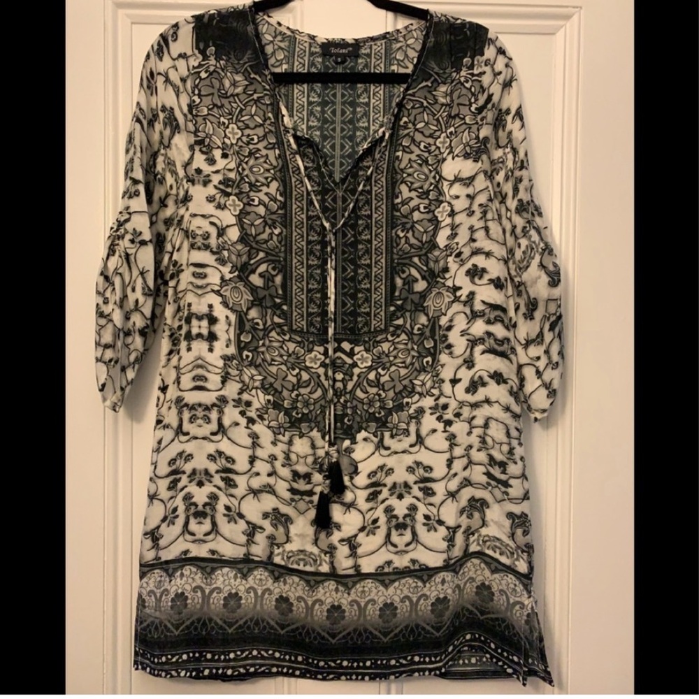 Anthropologie Tolani Silk Tunic Dress Coverup Black White floral Small 2-4